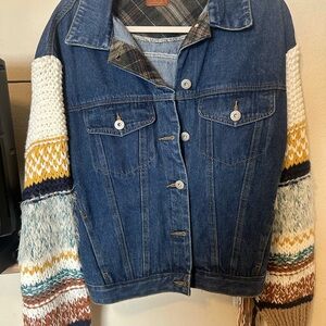 Denim Jacket with Multicolor Knit Sleeves